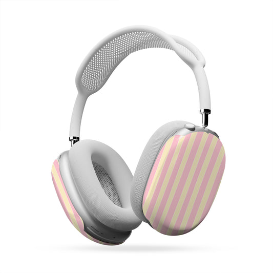 Pink and yellow striped AirPods Max case with pastel candy stripe print on glossy headphone ear cup covers by Case & Charm.
