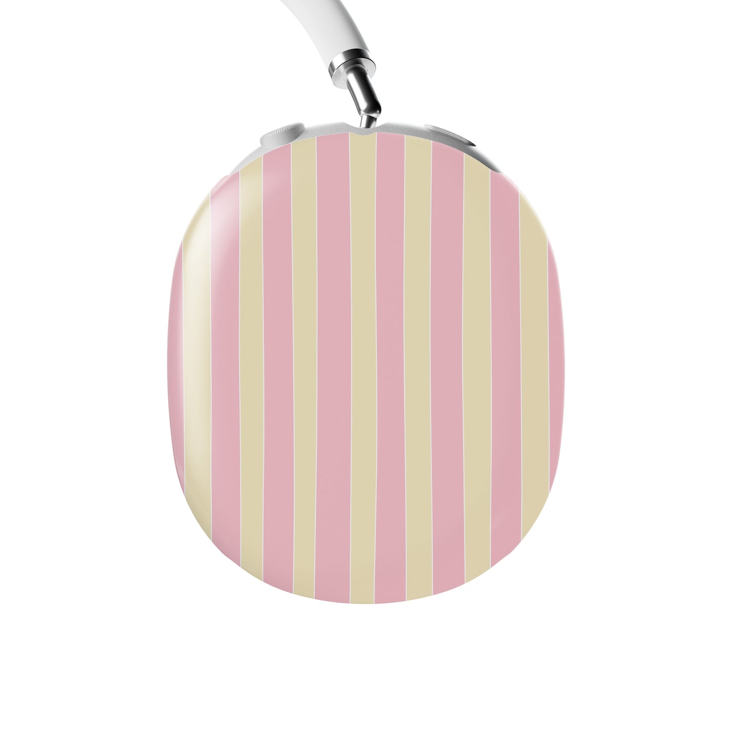 Pink and yellow striped AirPods Max case with pastel candy stripe print on glossy headphone ear cup covers by Case & Charm.