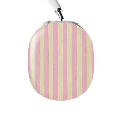 Pink and yellow striped AirPods Max case with pastel candy stripe print on glossy headphone ear cup covers by Case & Charm.