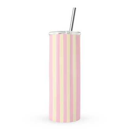 Pink and yellow striped tumbler with pastel candy stripe print on a 20oz stainless steel travel cup by Case & Charm.