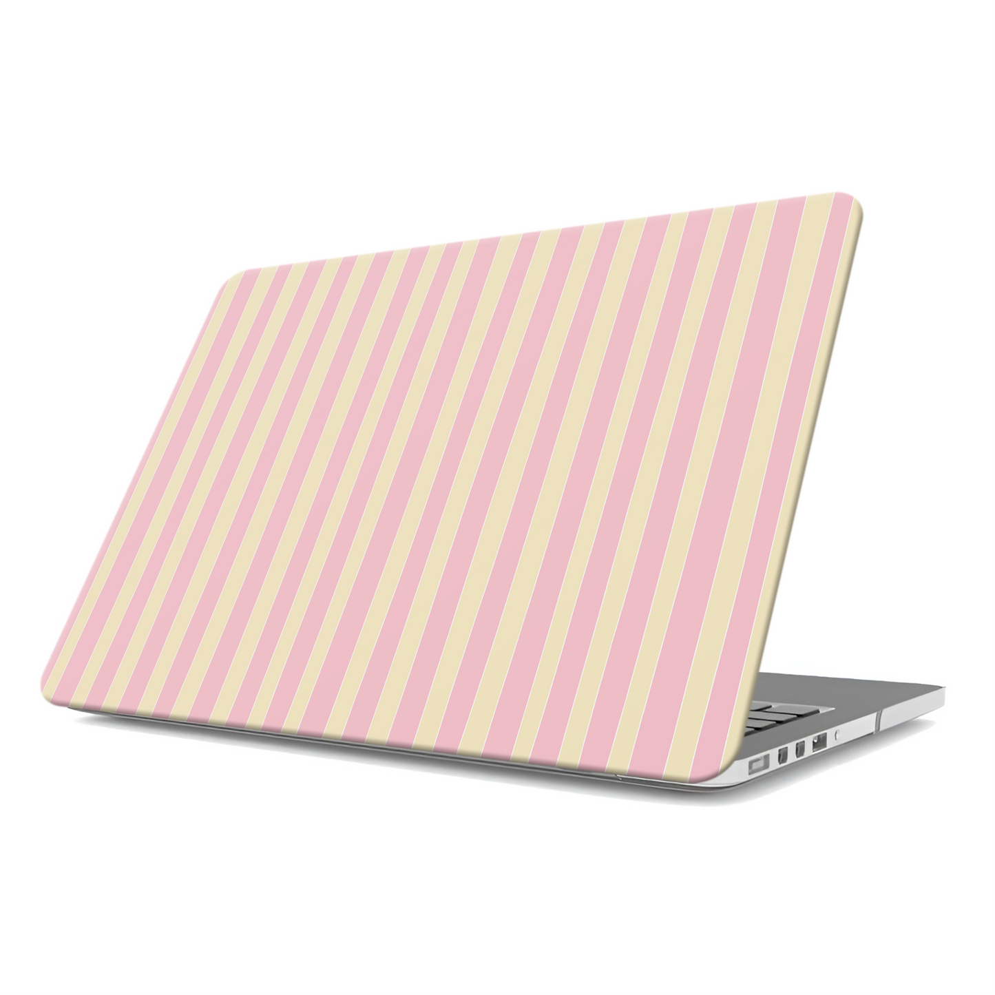 Pink and yellow striped MacBook case with vertical pastel candy stripe print on a slim hard shell Apple MacBook cover by Case & Charm.