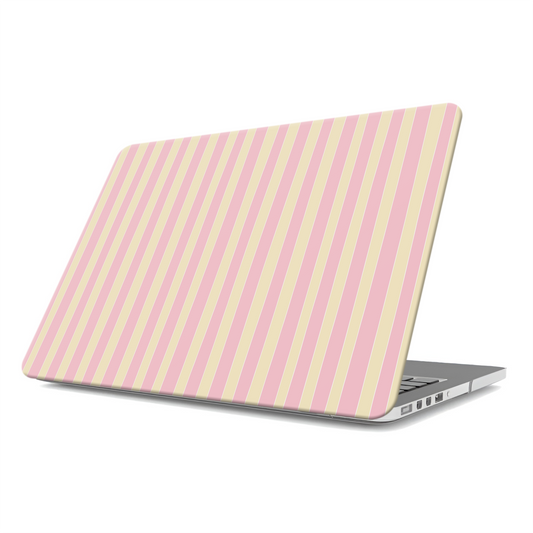 Pink and yellow striped MacBook case with vertical pastel candy stripe print on a slim hard shell Apple MacBook cover by Case & Charm.