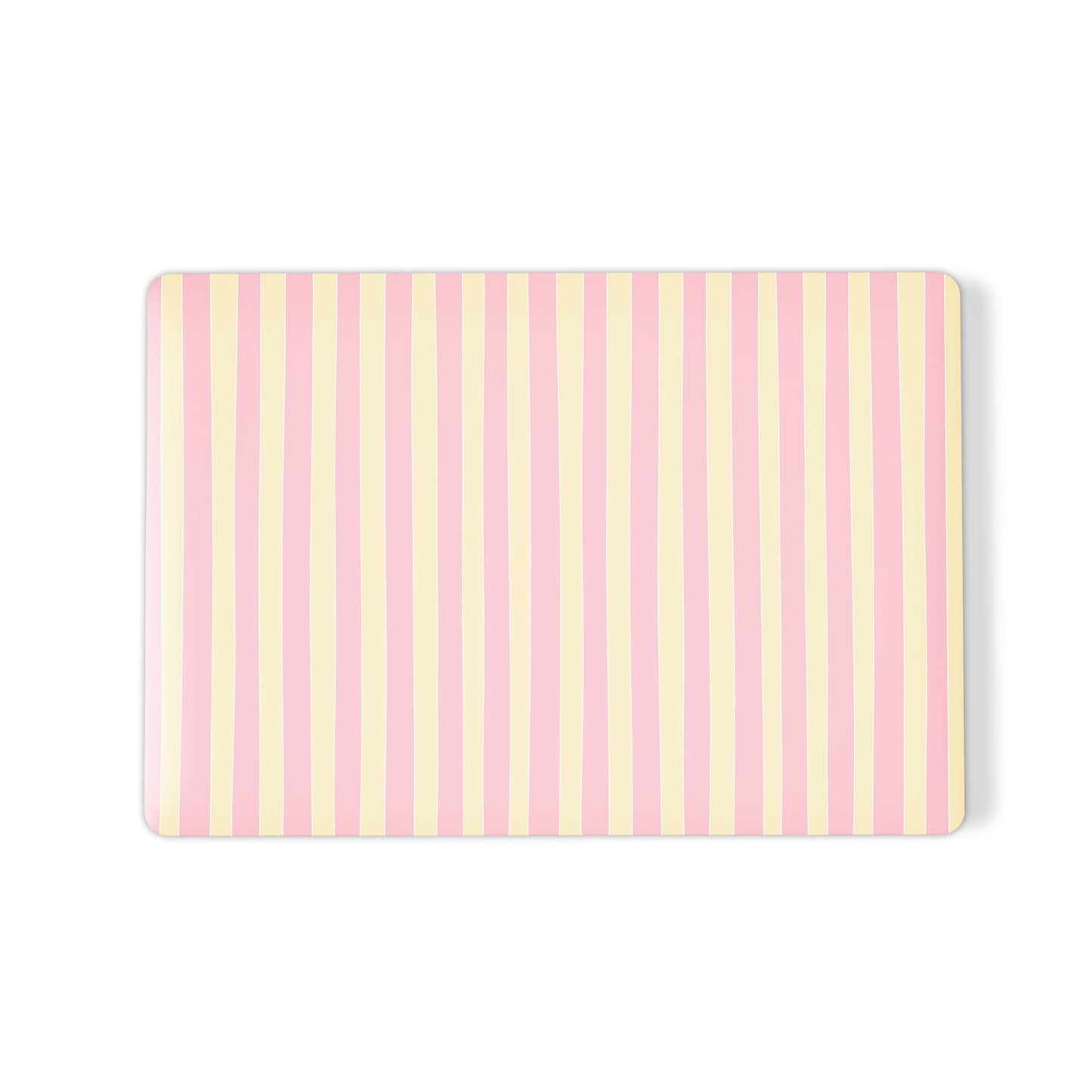 Pink and yellow striped MacBook case with vertical pastel candy stripe print on a slim hard shell Apple MacBook cover by Case & Charm.
