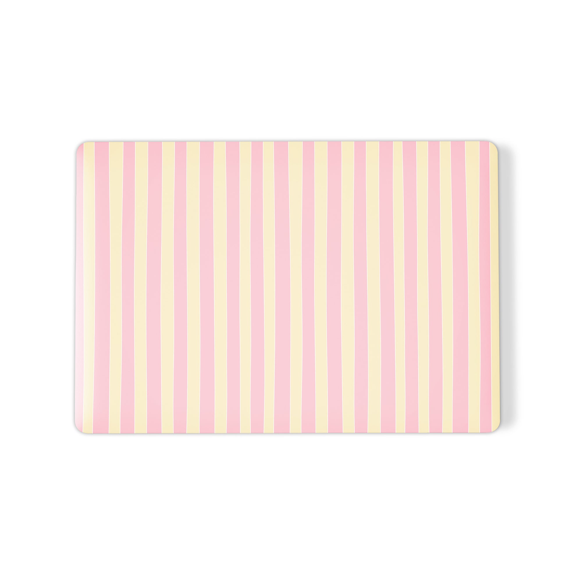 Pink and yellow striped MacBook case with vertical pastel candy stripe print on a slim hard shell Apple MacBook cover by Case & Charm.