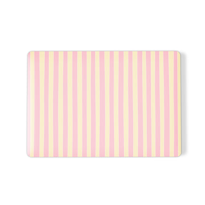 Pink and yellow striped MacBook case with vertical pastel candy stripe print on a slim hard shell Apple MacBook cover by Case & Charm.