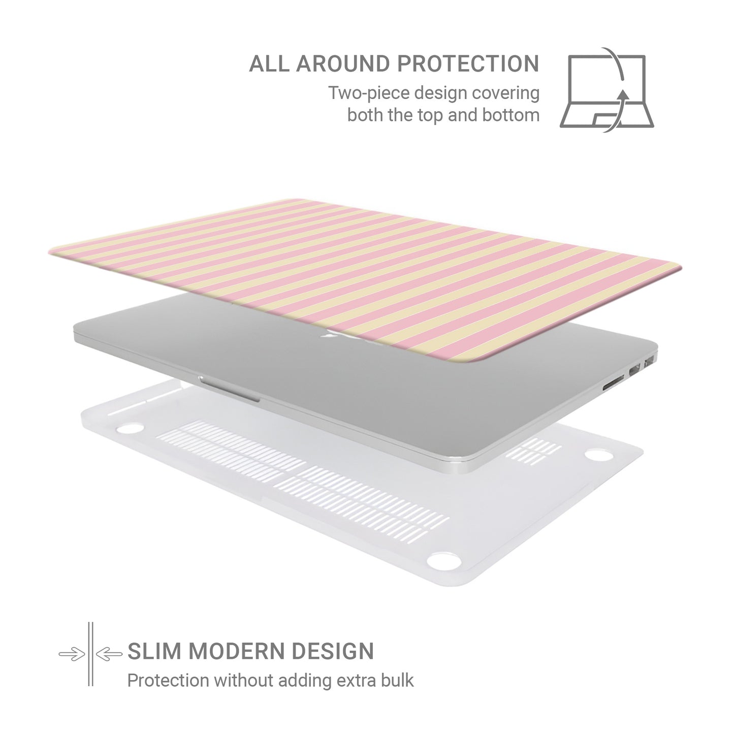 Pink and yellow striped MacBook case with vertical pastel candy stripe print on a slim hard shell Apple MacBook cover by Case & Charm.