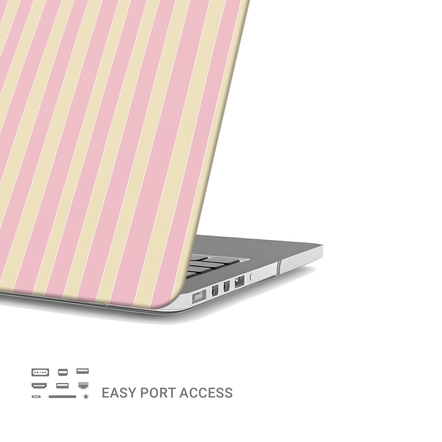 Pink and yellow striped MacBook case with vertical pastel candy stripe print on a slim hard shell Apple MacBook cover by Case & Charm.