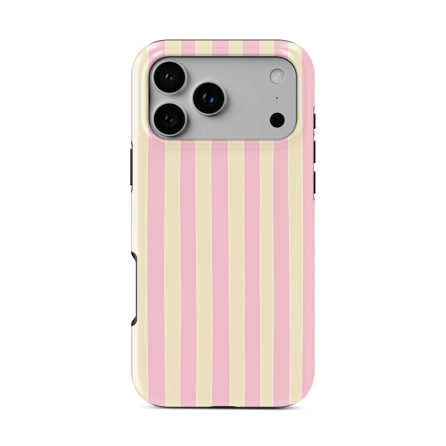 Pink striped MagSafe phone case in the Candy Cabana design, featuring blush pink and cream vertical stripes with a soft preppy coastal style.