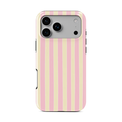 Pink striped MagSafe phone case in the Candy Cabana design, featuring blush pink and cream vertical stripes with a soft preppy coastal style.