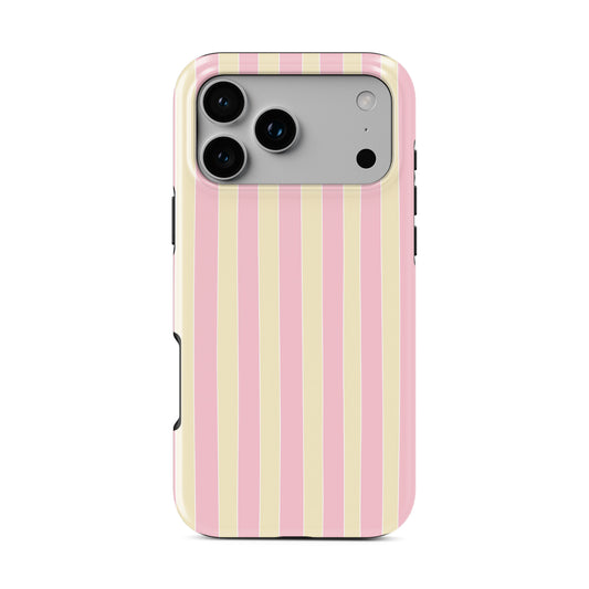 Pink striped MagSafe phone case in the Candy Cabana design, featuring blush pink and cream vertical stripes with a soft preppy coastal style.