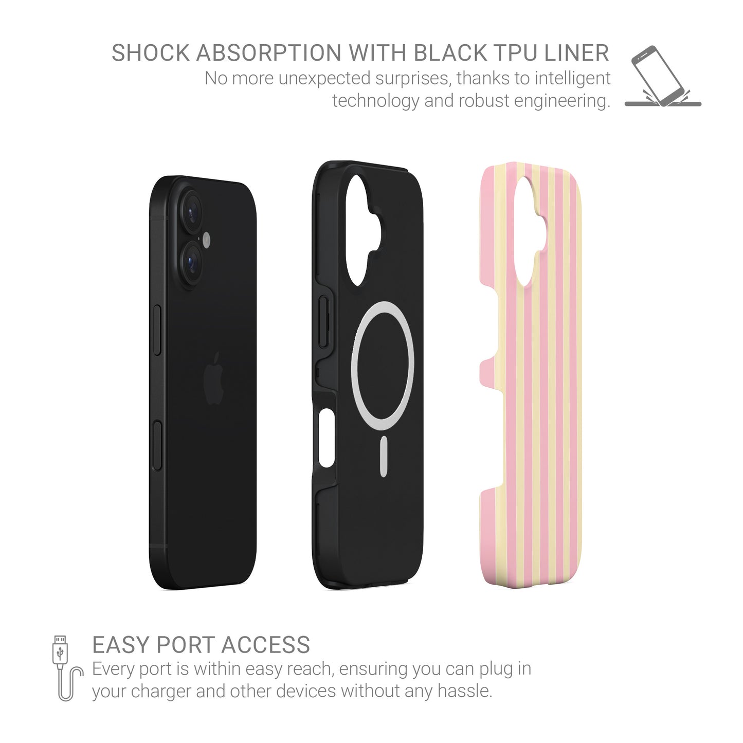 Pink striped MagSafe phone case in the Candy Cabana design, featuring blush pink and yellow vertical stripes with a soft preppy coastal style.