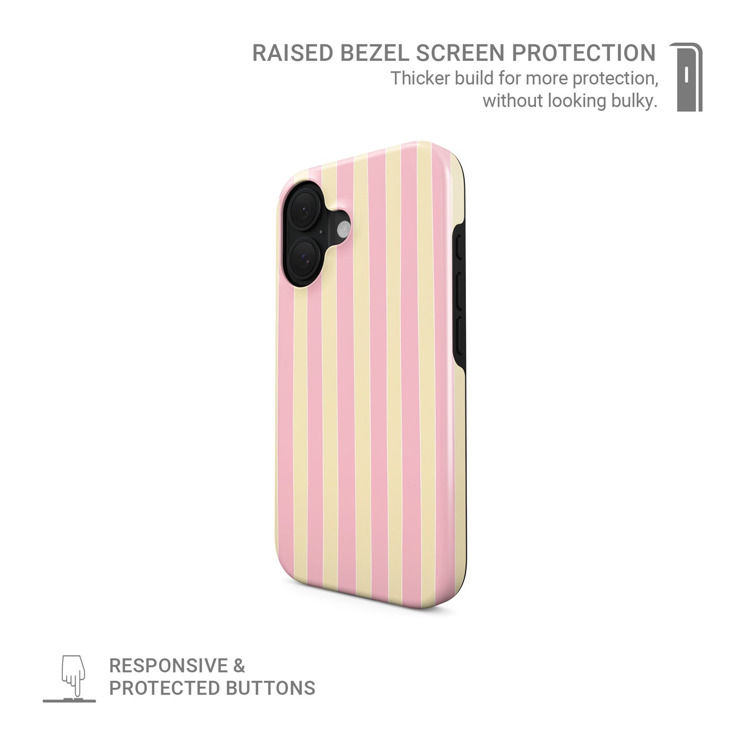 Pink striped MagSafe phone case in the Candy Cabana design, featuring blush pink and yellow vertical stripes with a soft preppy coastal style.