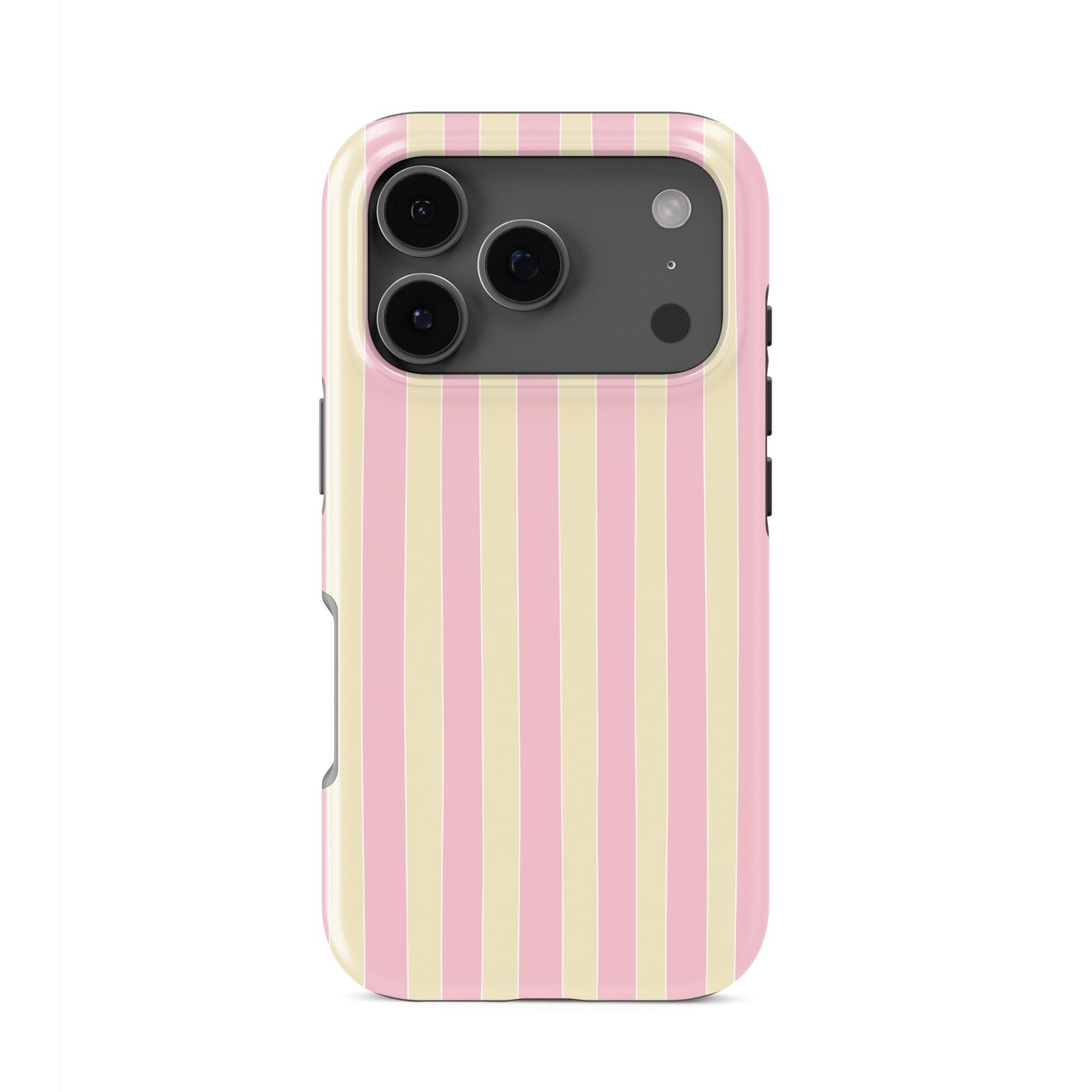 Pink striped tough phone case in the Candy Cabana design, featuring blush pink and cream vertical stripes with a soft preppy coastal style.