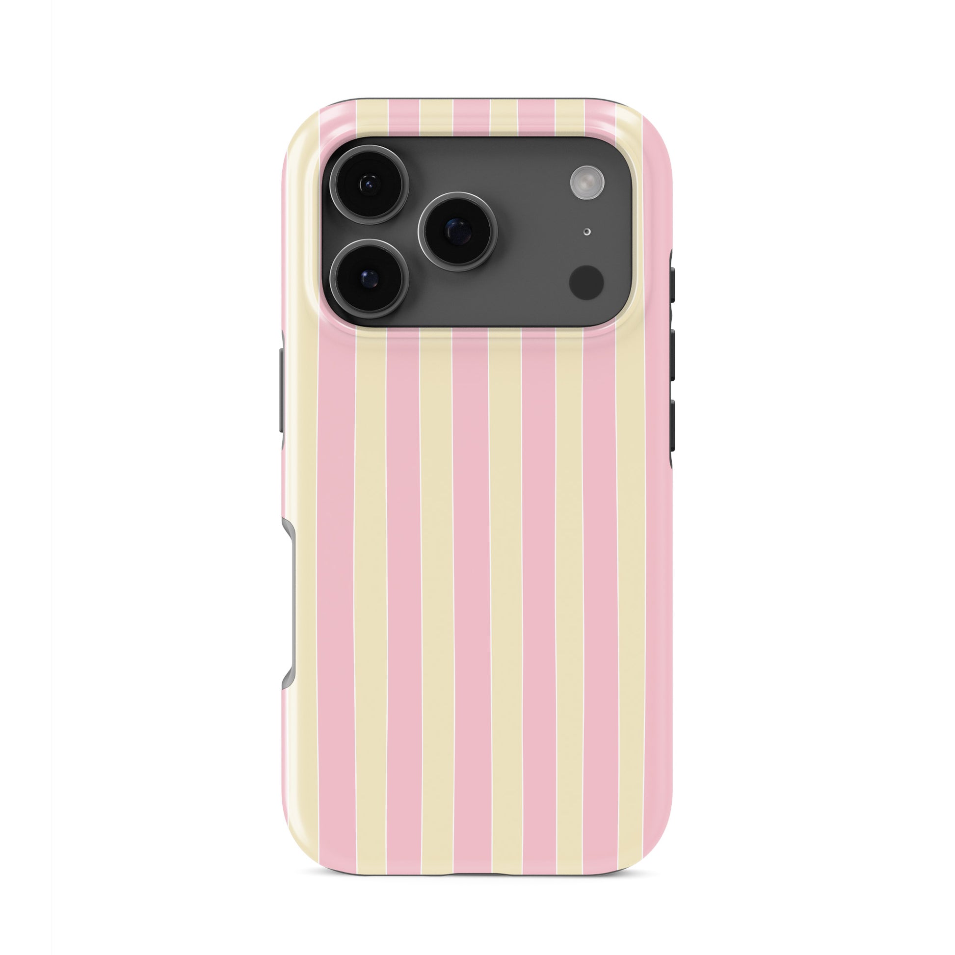 Pink striped tough phone case in the Candy Cabana design, featuring blush pink and cream vertical stripes with a soft preppy coastal style.
