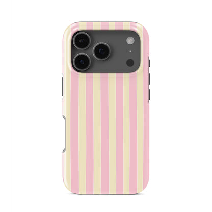 Pink striped tough phone case in the Candy Cabana design, featuring blush pink and cream vertical stripes with a soft preppy coastal style.
