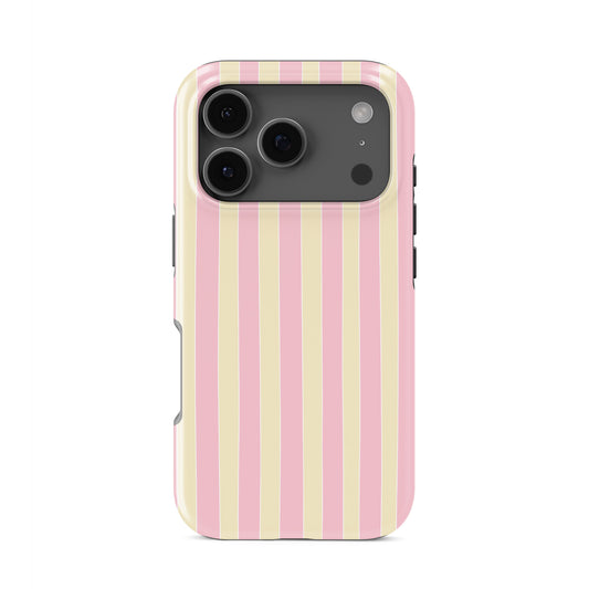 Pink striped tough phone case in the Candy Cabana design, featuring blush pink and cream vertical stripes with a soft preppy coastal style.