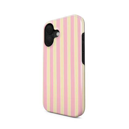 Pink striped tough phone case in the Candy Cabana design, featuring blush pink and cream vertical stripes with a soft preppy coastal style.