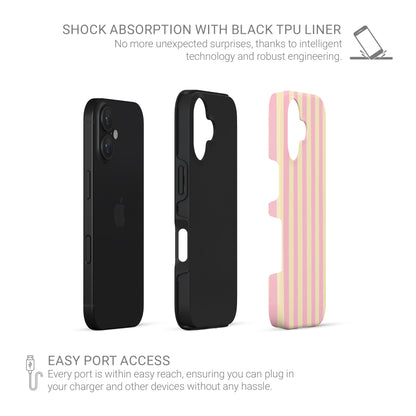Pink striped tough phone case in the Candy Cabana design, featuring blush pink and cream vertical stripes with a soft preppy coastal style.