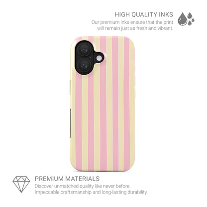 Pink striped tough phone case in the Candy Cabana design, featuring blush pink and cream vertical stripes with a soft preppy coastal style.