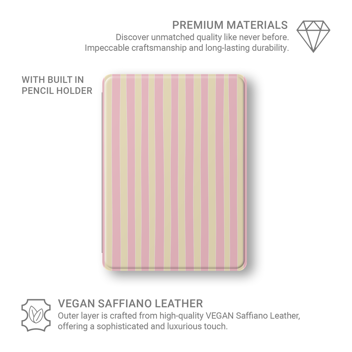 Pink and yellow striped iPad case with vertical pastel stripe print on a vegan leather Apple iPad folio case by Case & Charm.