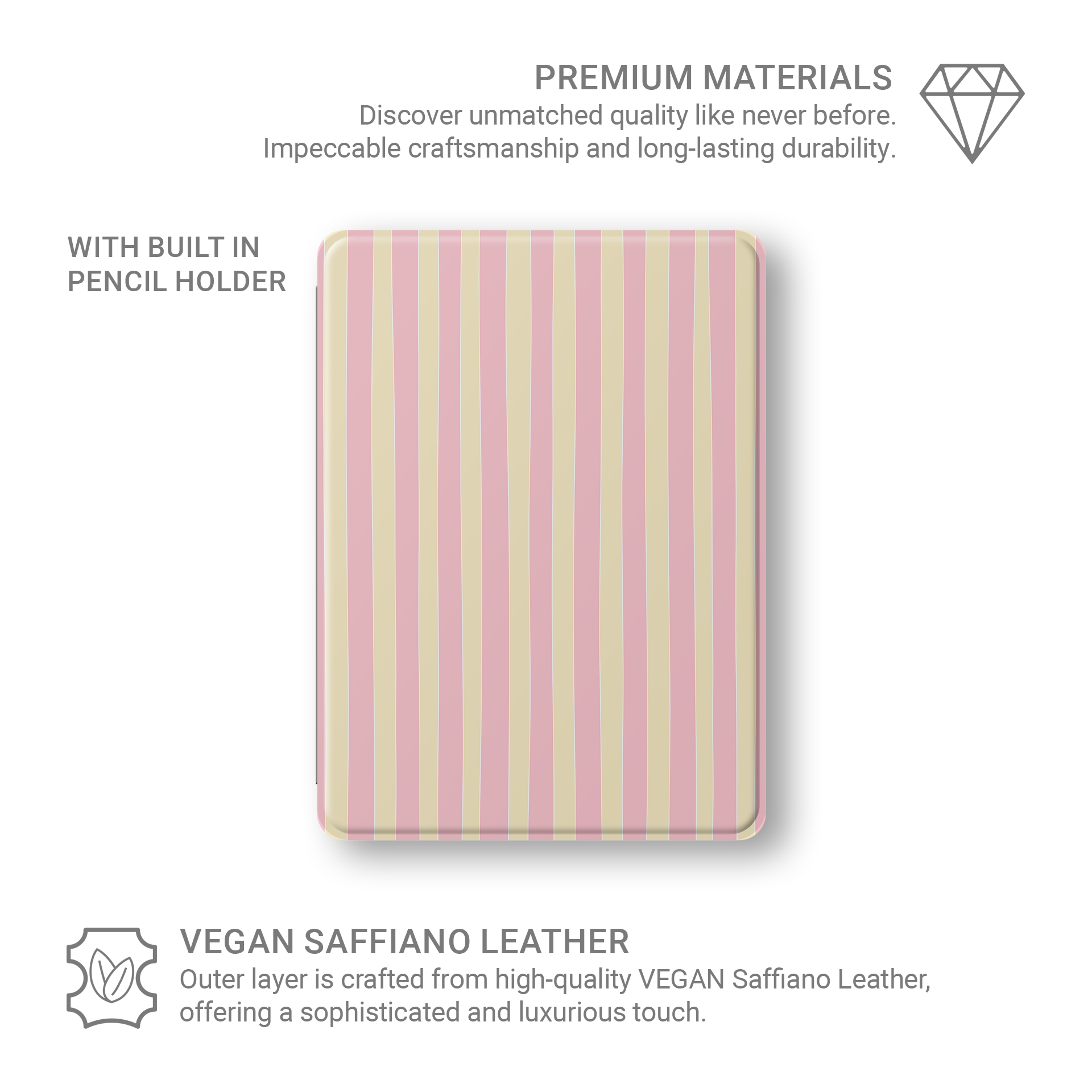 Pink and yellow striped iPad case with vertical pastel stripe print on a vegan leather Apple iPad folio case by Case & Charm.