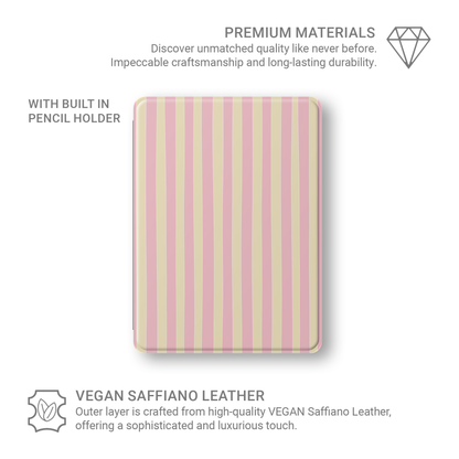 Pink and yellow striped iPad case with vertical pastel stripe print on a vegan leather Apple iPad folio case by Case & Charm.