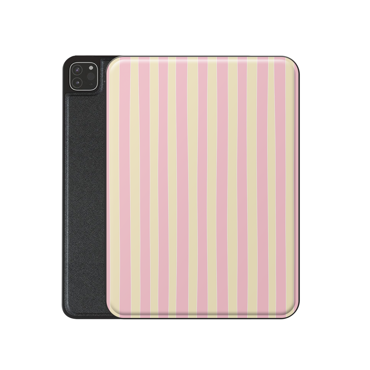 Pink and yellow striped iPad case with vertical pastel stripe print on a vegan leather Apple iPad folio case by Case & Charm.