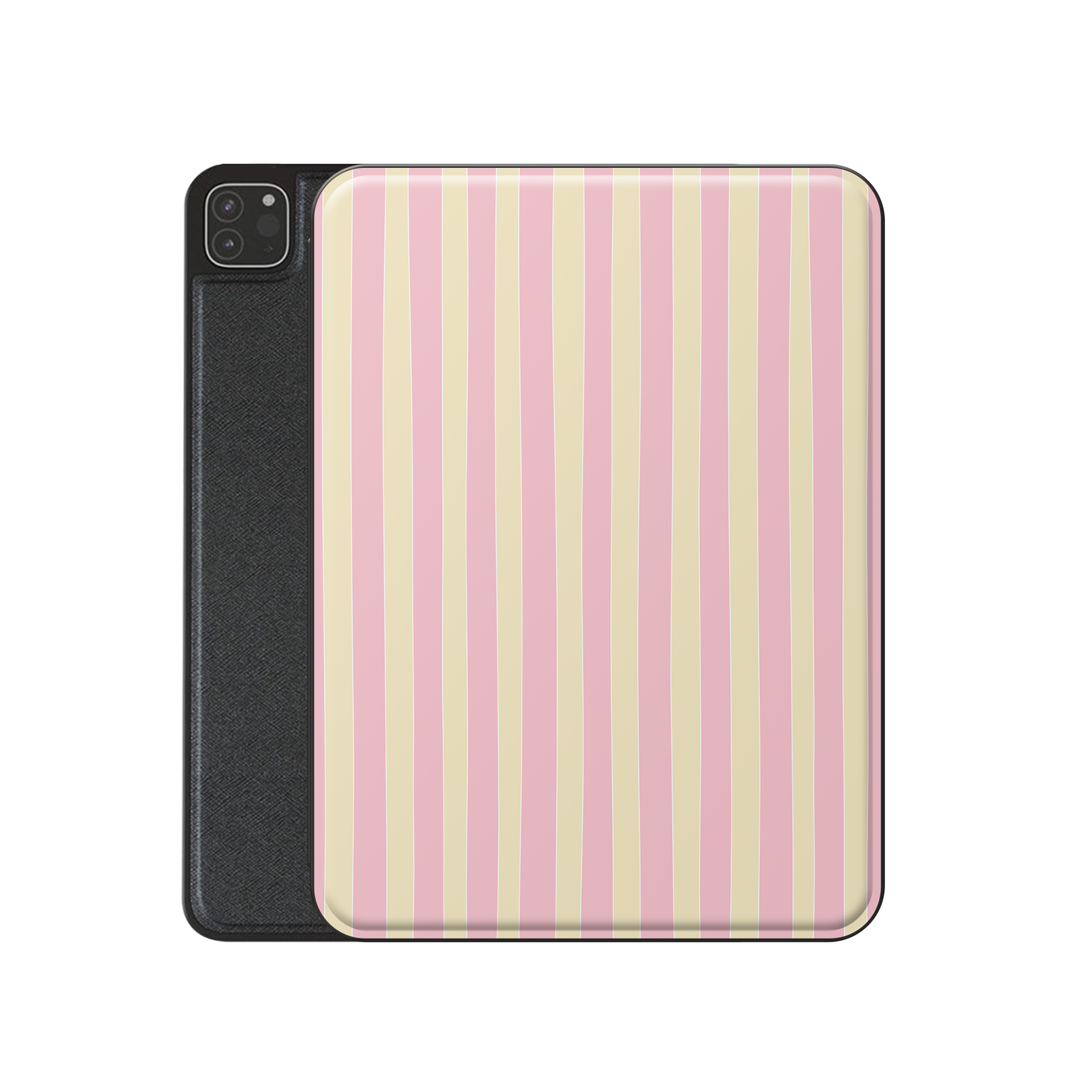 Pink and yellow striped iPad case with vertical pastel stripe print on a vegan leather Apple iPad folio case by Case & Charm.