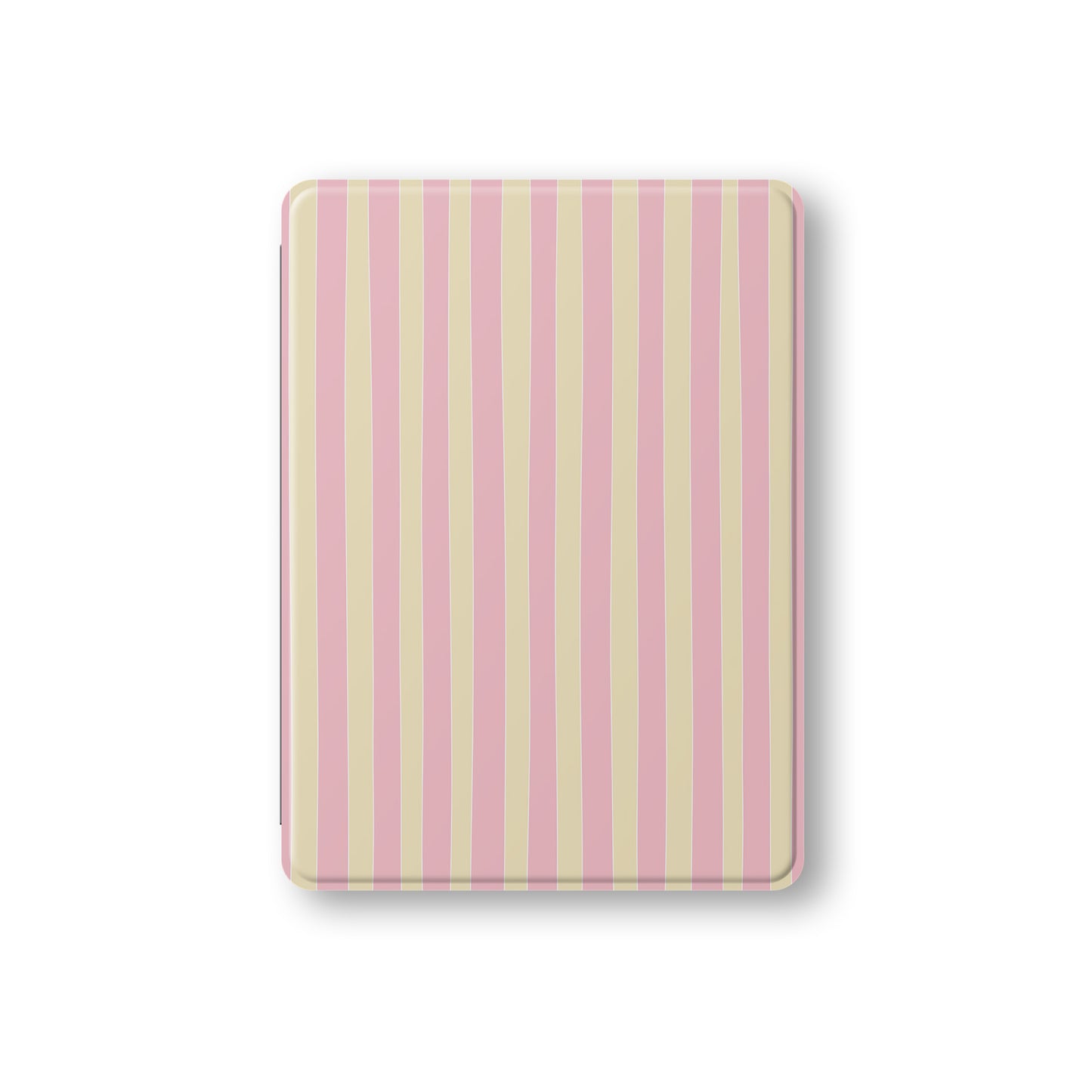 Pink and yellow striped iPad case with vertical pastel stripe print on a vegan leather Apple iPad folio case by Case & Charm.