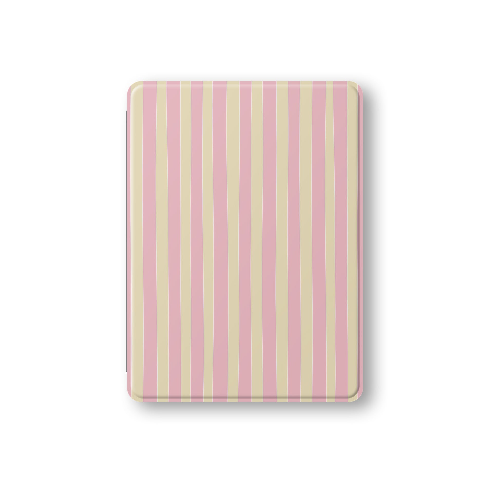 Pink and yellow striped iPad case with vertical pastel stripe print on a vegan leather Apple iPad folio case by Case & Charm.