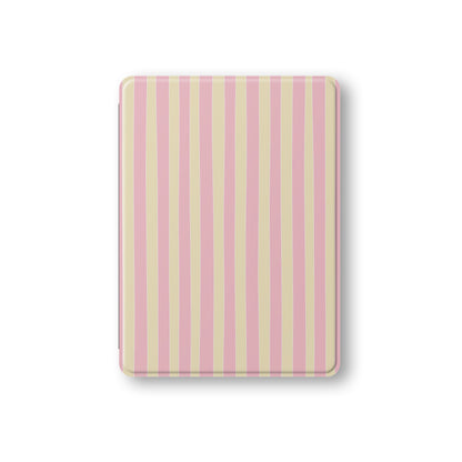 Pink and yellow striped iPad case with vertical pastel stripe print on a vegan leather Apple iPad folio case by Case & Charm.