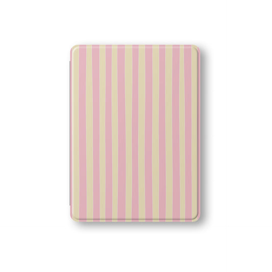 Pink and yellow striped iPad case with vertical pastel stripe print on a vegan leather Apple iPad folio case by Case & Charm.