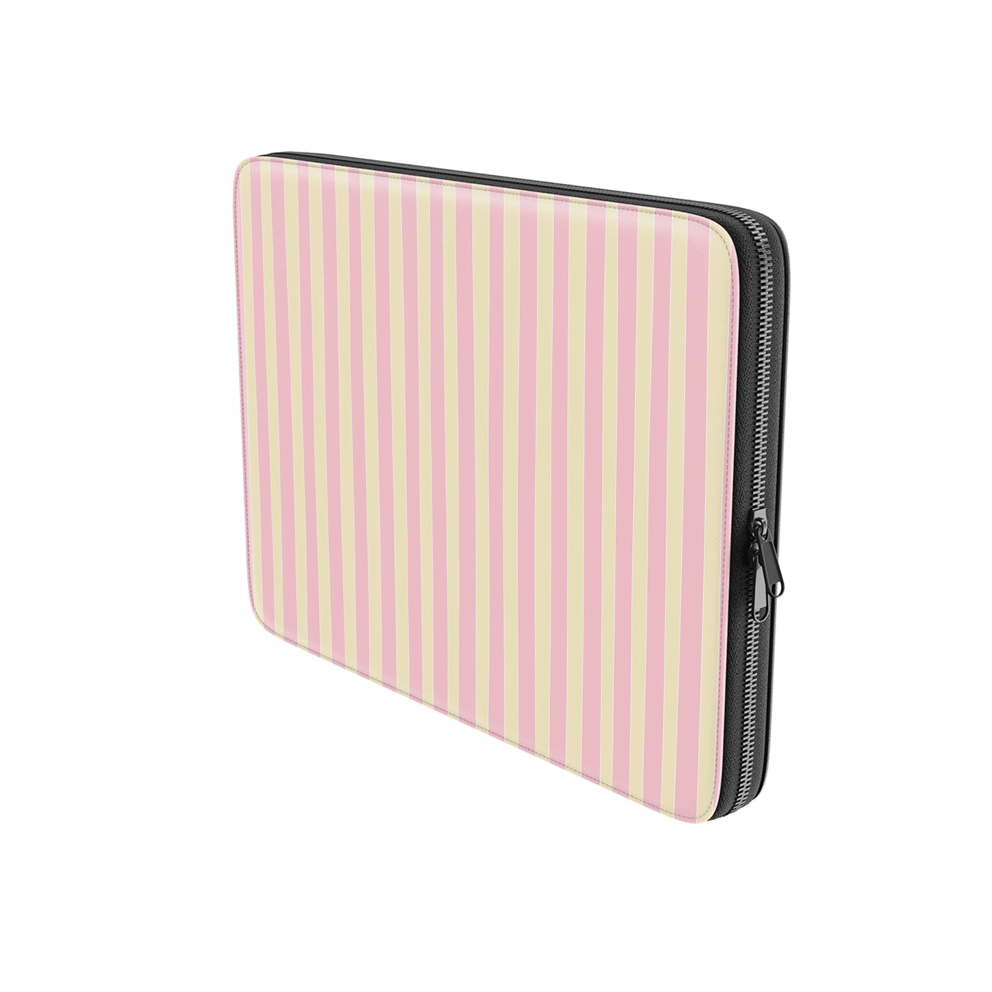 Pink and yellow striped laptop sleeve with vertical pastel stripe print on a vegan leather laptop case by Case & Charm.