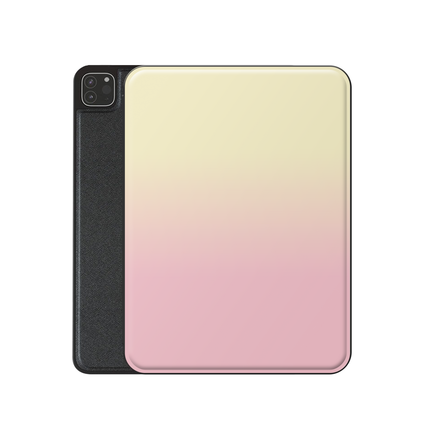 Pink and yellow iPad case with soft sunset ombre gradient print on a vegan leather Apple iPad folio case by Case & Charm.