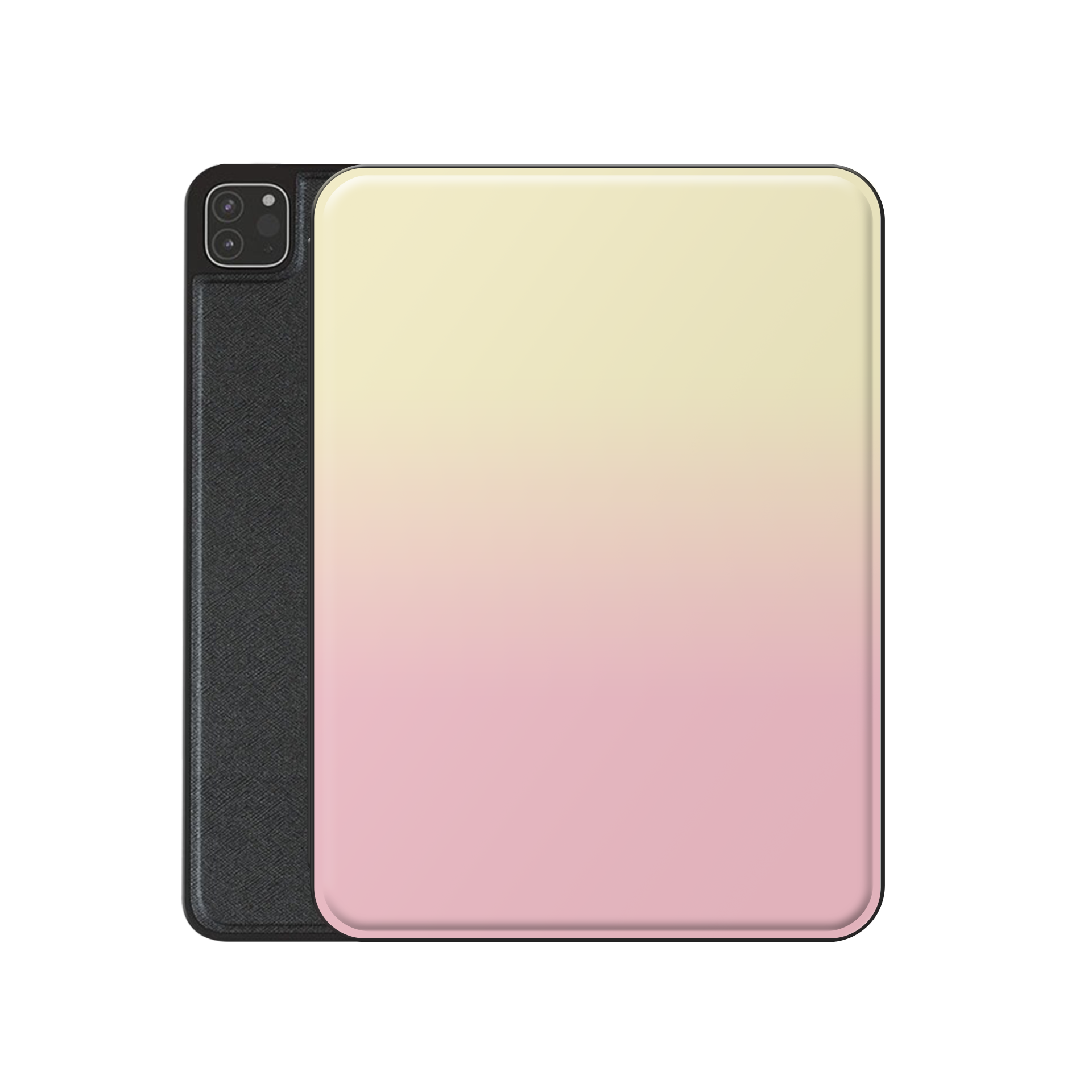 Pink and yellow iPad case with soft sunset ombre gradient print on a vegan leather Apple iPad folio case by Case & Charm.