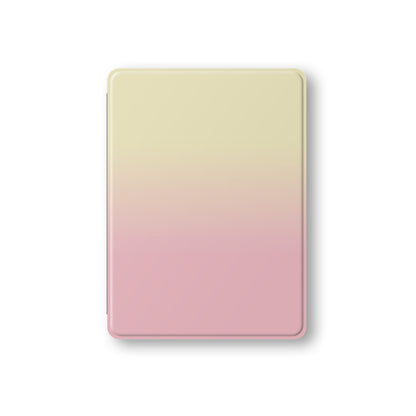 Pink and yellow iPad case with soft sunset ombre gradient print on a vegan leather Apple iPad folio case by Case & Charm.