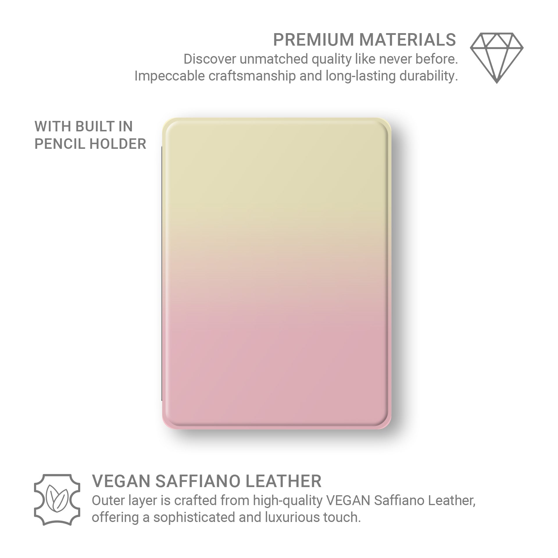 Pink and yellow iPad case with soft sunset ombre gradient print on a vegan leather Apple iPad folio case by Case & Charm.