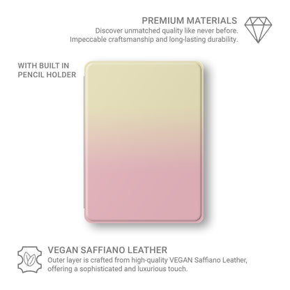 Pink and yellow iPad case with soft sunset ombre gradient print on a vegan leather Apple iPad folio case by Case & Charm.
