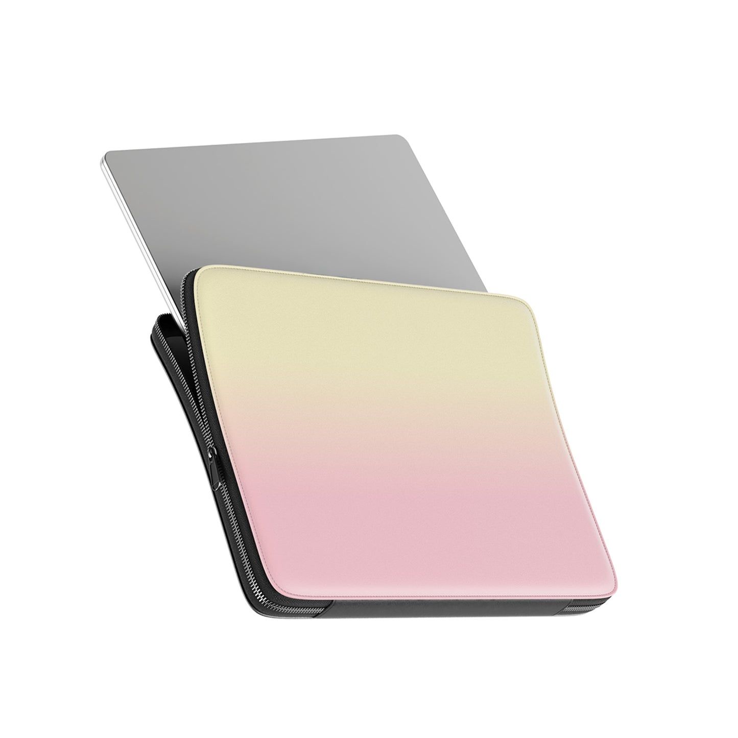 Pink and yellow laptop sleeve with soft sunset ombre gradient print on a vegan leather laptop case by Case & Charm.