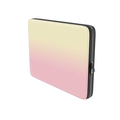 Pink and yellow laptop sleeve with soft sunset ombre gradient print on a vegan leather laptop case by Case & Charm.