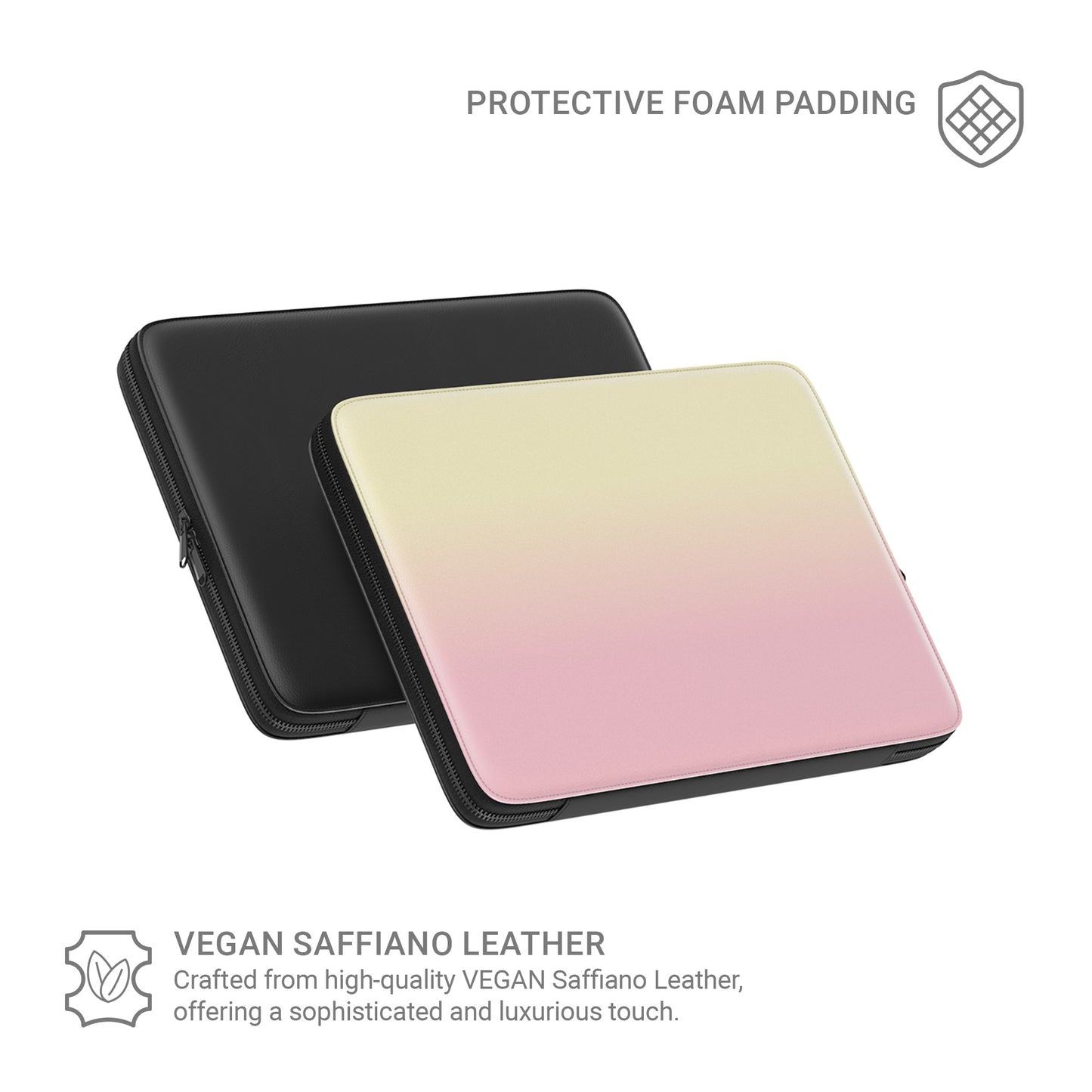 Pink and yellow laptop sleeve with soft sunset ombre gradient print on a vegan leather laptop case by Case & Charm.