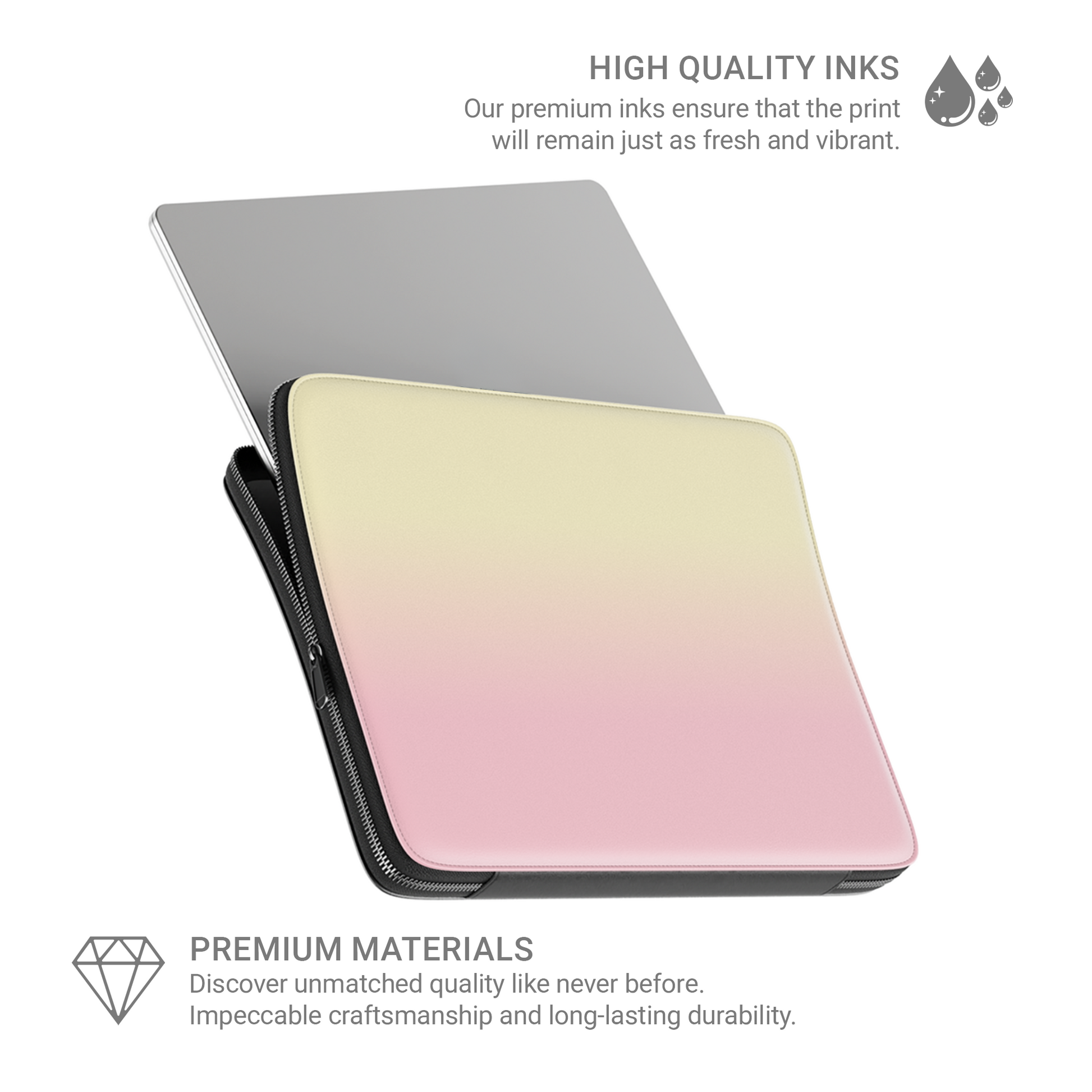 Pink and yellow laptop sleeve with soft sunset ombre gradient print on a vegan leather laptop case by Case & Charm.