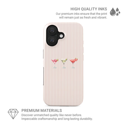 pink cocktail tough phone case blush stripe background martini aesthetic iphone 15 case cute girly drink phone cover