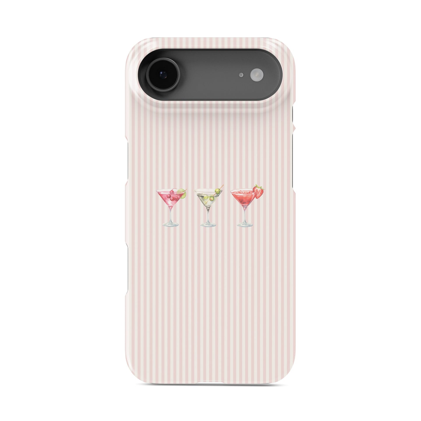 cocktail phone case with martini glasses on blush stripe background cute pink aesthetic iphone 15 case girly drinks design