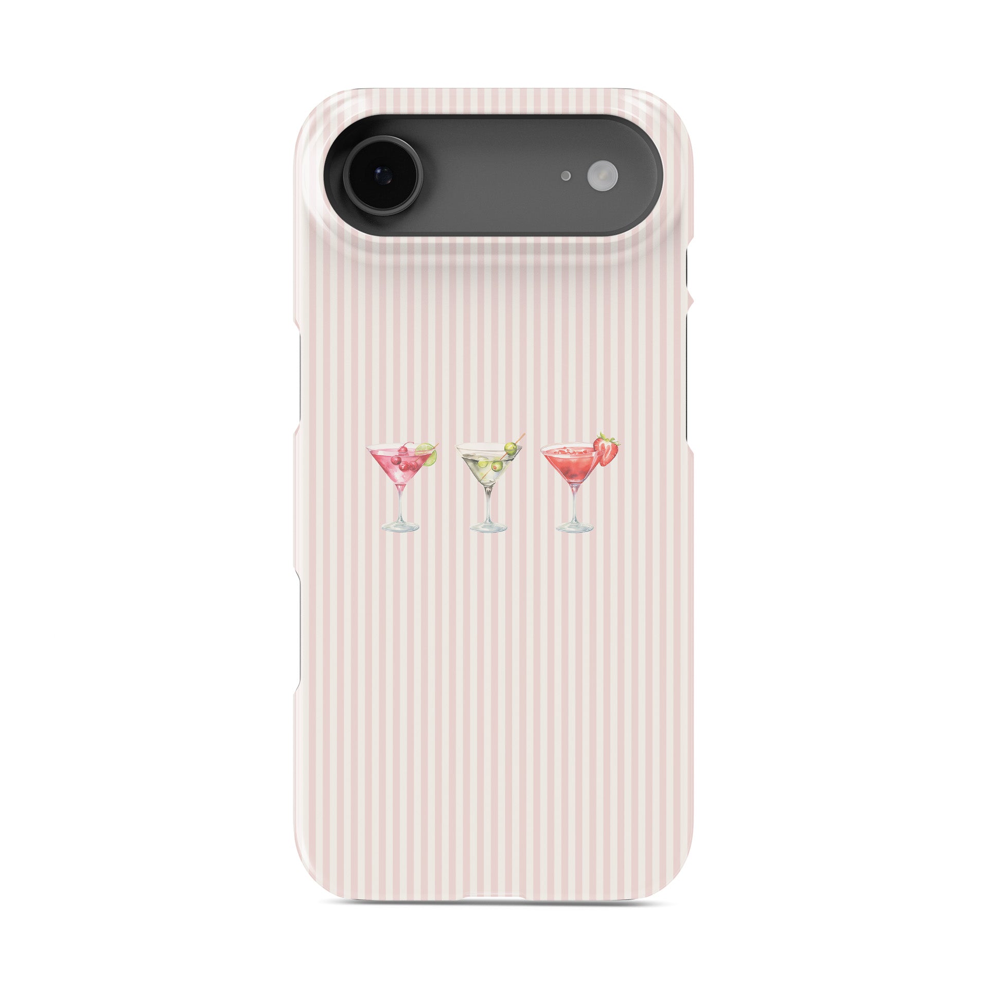 cocktail phone case with martini glasses on blush stripe background cute pink aesthetic iphone 15 case girly drinks design