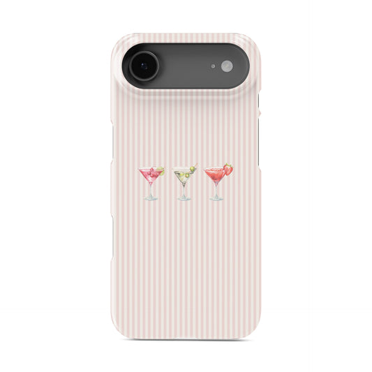 cocktail phone case with martini glasses on blush stripe background cute pink aesthetic iphone 15 case girly drinks design