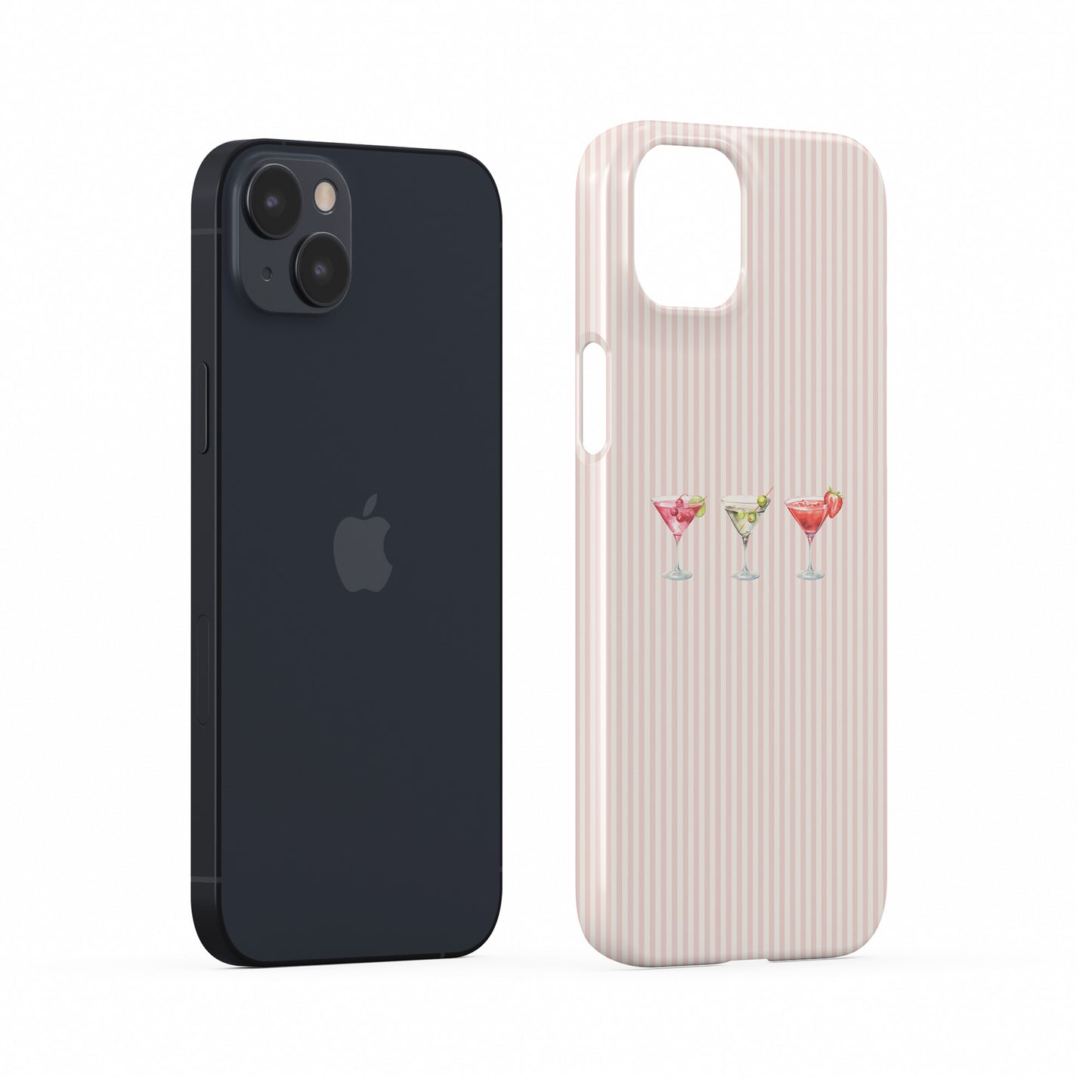 cocktail phone case with martini glasses on blush stripe background cute pink aesthetic iphone 15 case girly drinks design