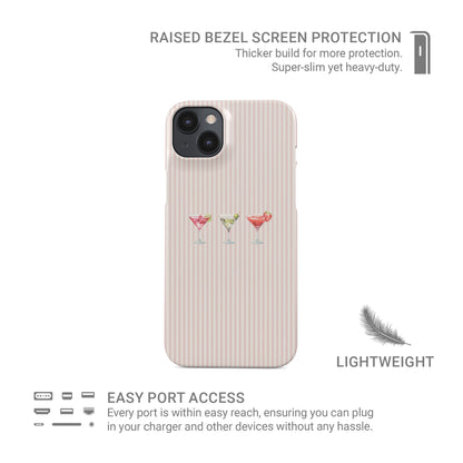 cocktail phone case with martini glasses on blush stripe background cute pink aesthetic iphone 15 case girly drinks design