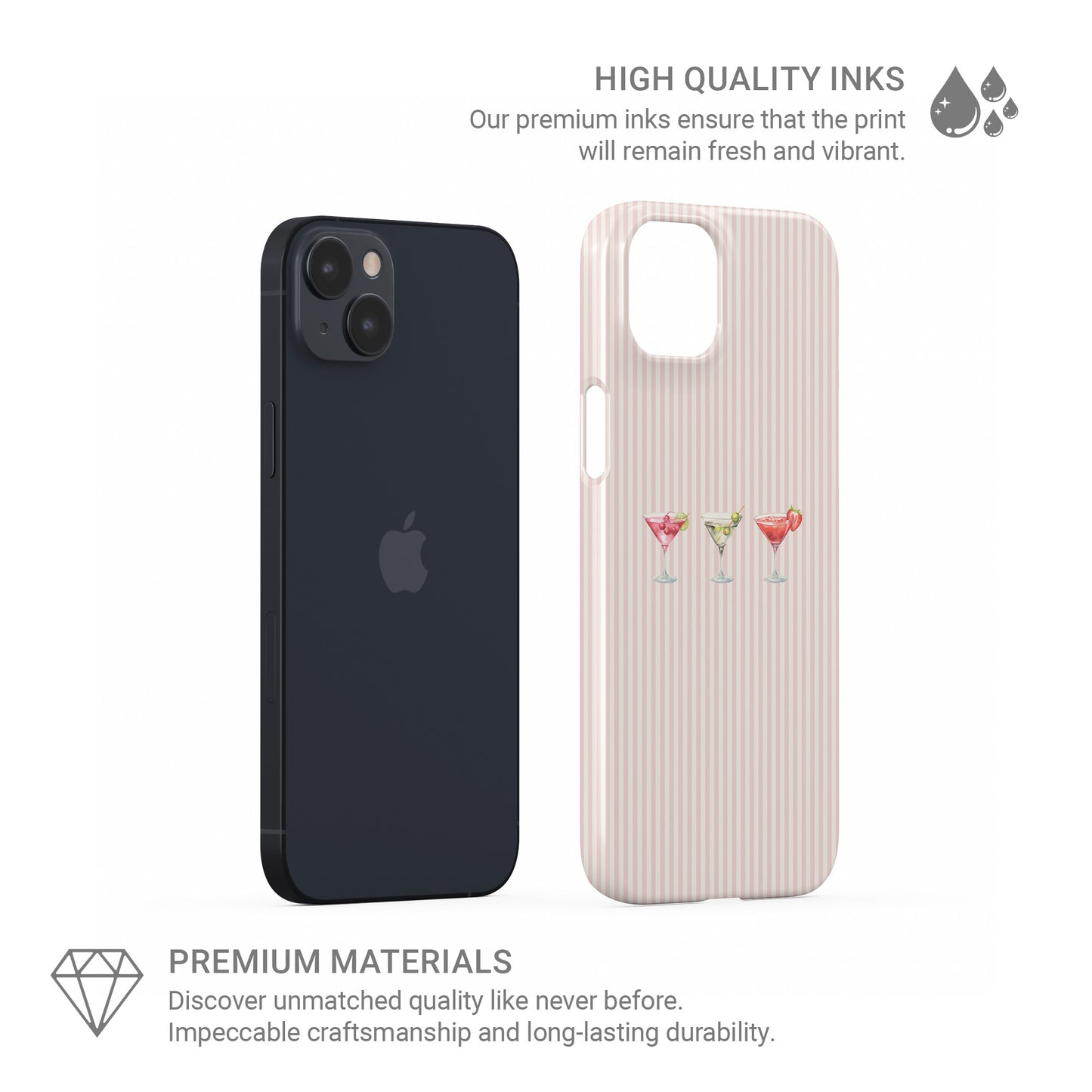 cocktail phone case with martini glasses on blush stripe background cute pink aesthetic iphone 15 case girly drinks design