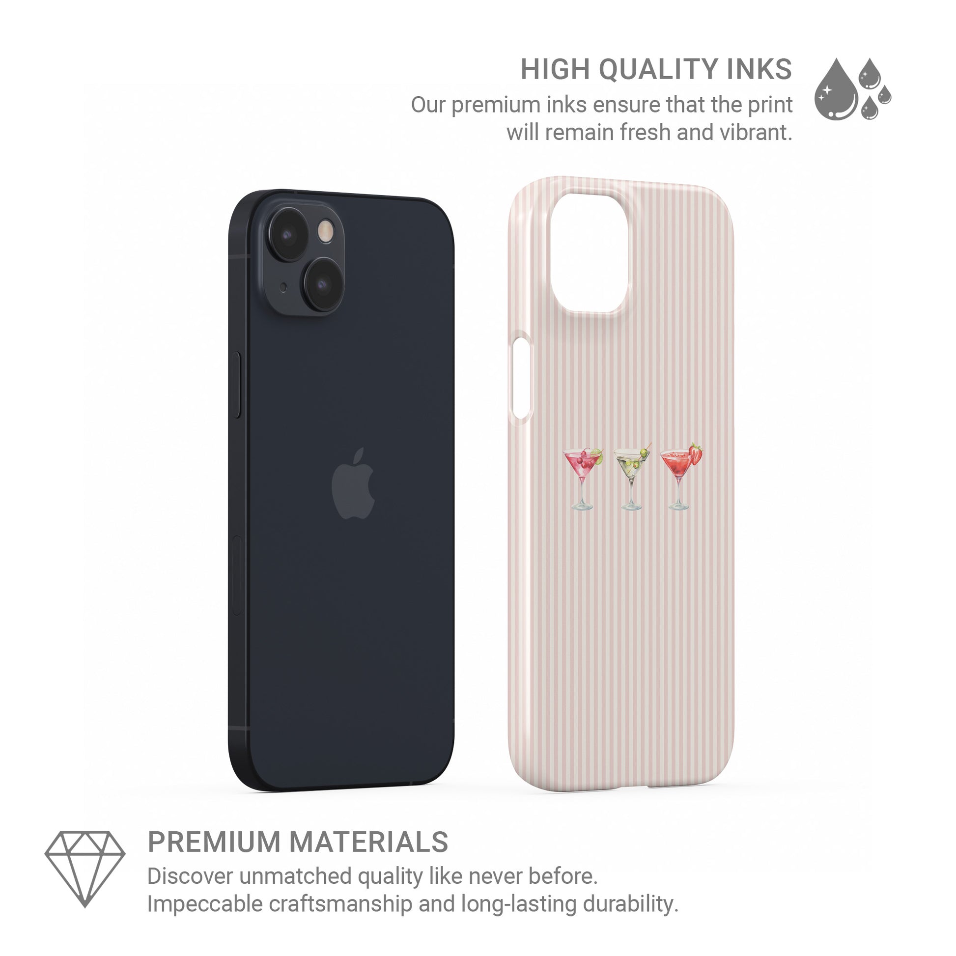 cocktail phone case with martini glasses on blush stripe background cute pink aesthetic iphone 15 case girly drinks design